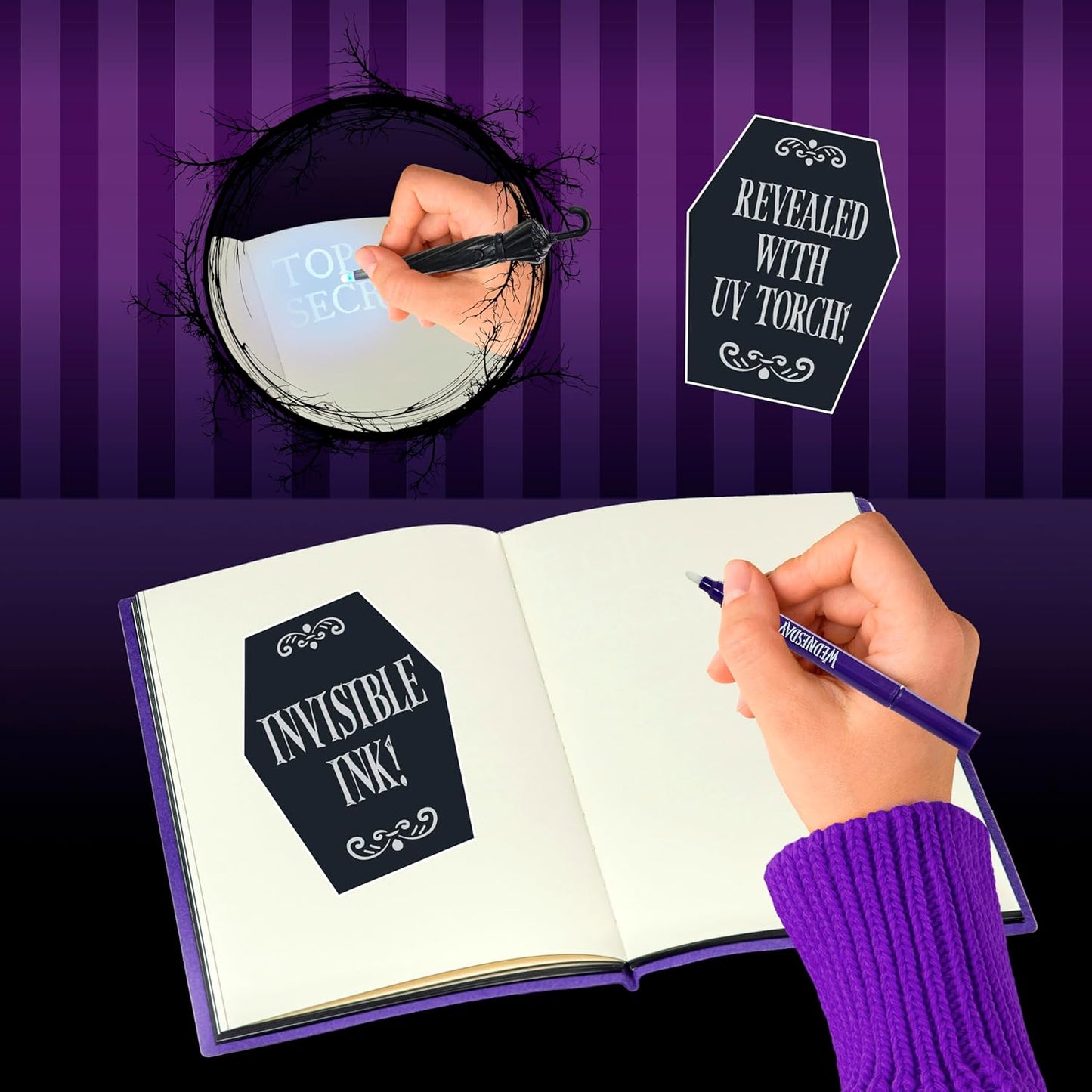 UAU! COISAS Diário Secreto de Wednesday Addams | Desvende Segredos Invisíveis usando a Luz UV incluída | Conjunto Premium de Caderno e Caneta Nevermore | Para Fãs de Séries da Netflix | Licenciado Oficialmente pela MGM