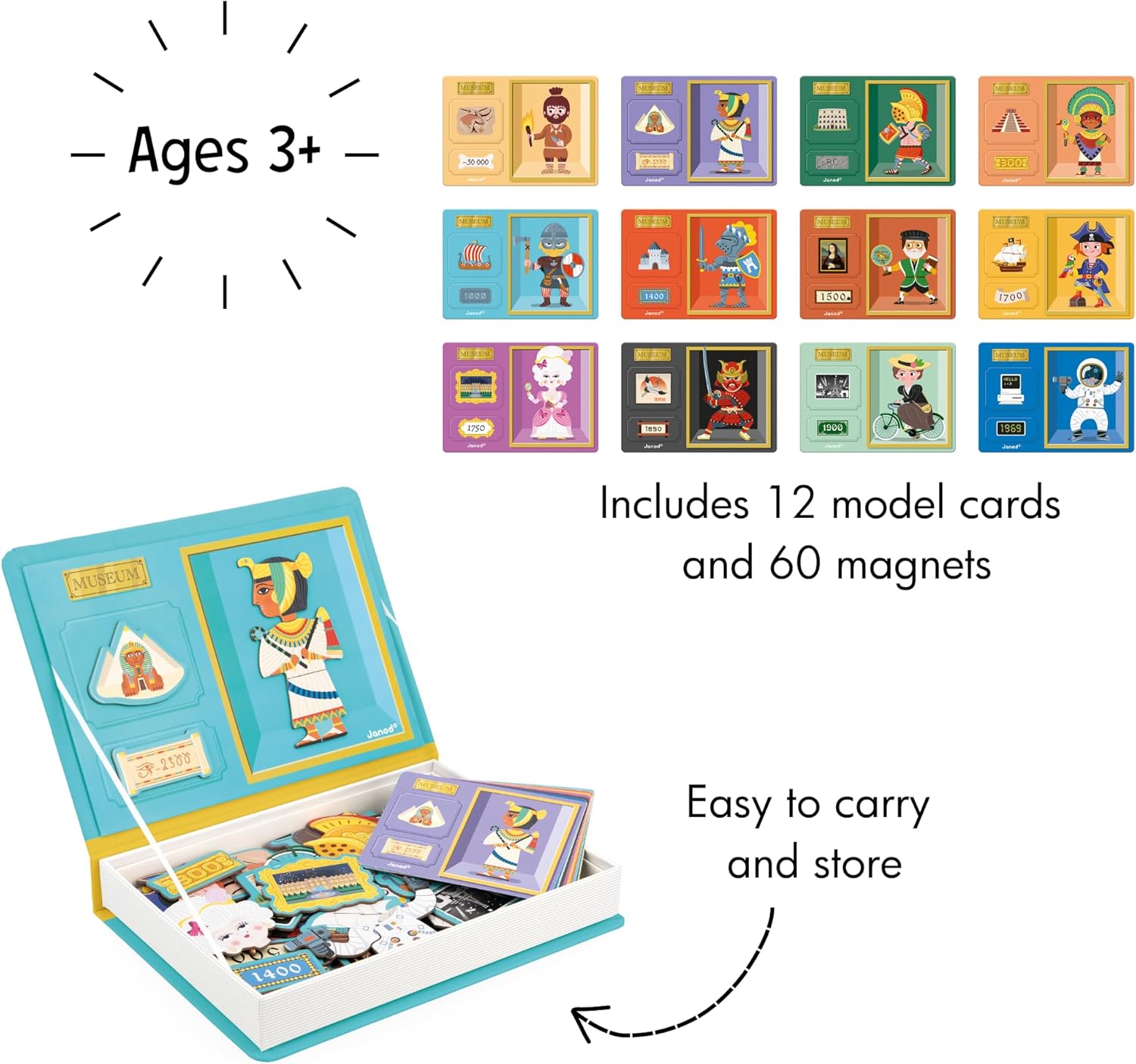 Janod - Magnéti'Book History - Jogo educativo de 60 ímãs com 12 cartas