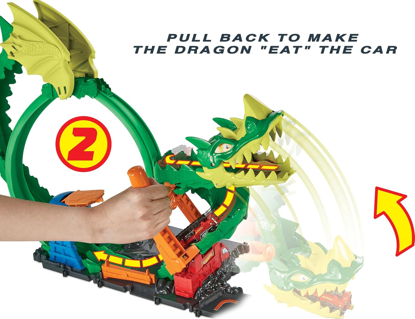 Conjunto de Pista Hot Wheels com Caminhão de Bombeiros de Brinquedo em Escala 1:64, Estação de Bombeiros da Cidade com Dragão Nemesis e Pista de Brincadeira, Combate de Incêndio Dragon Drive, HDP03