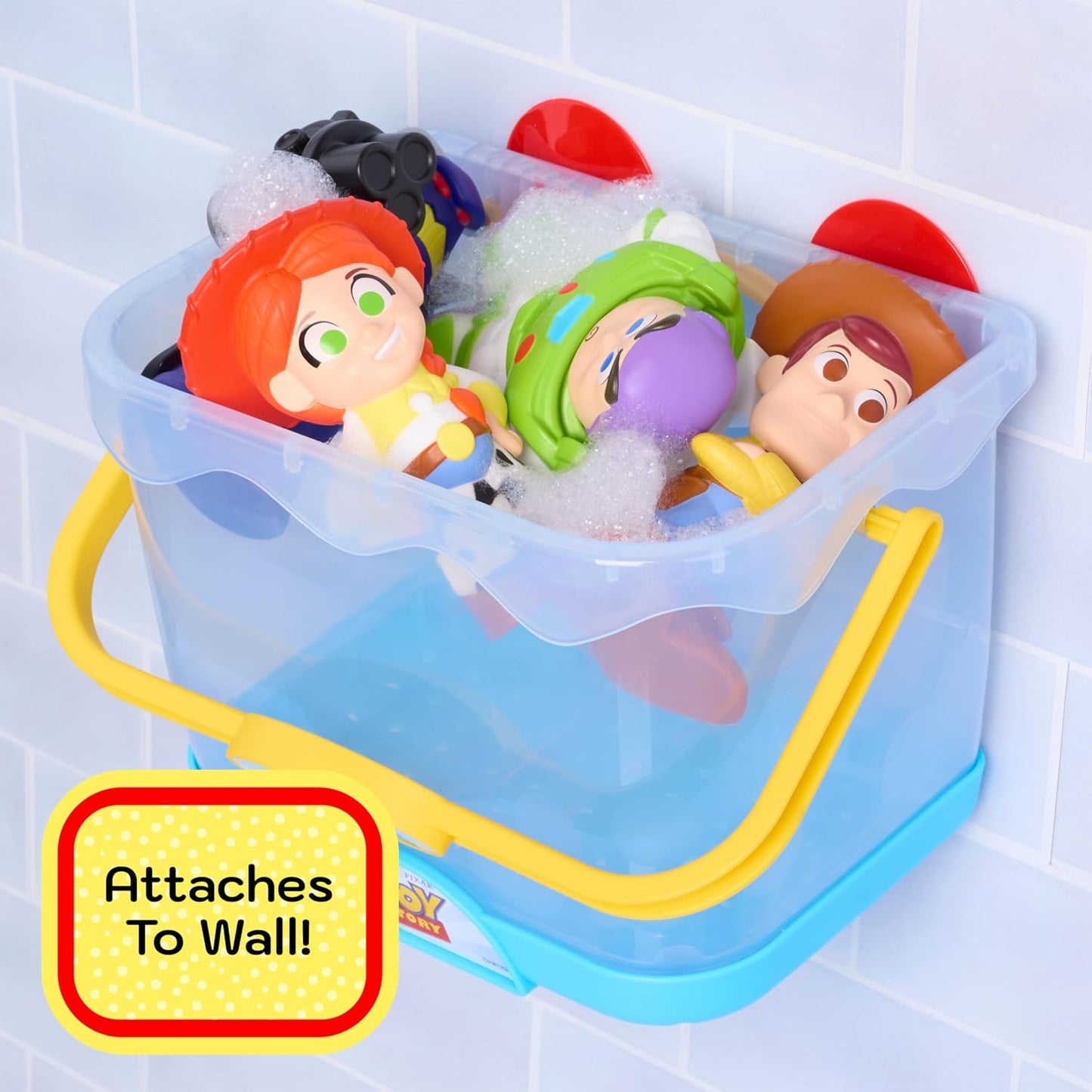 Disney Organizador de Banheira Toy Story, 6 peças, 5 figuras de brinquedo para banho, lacrado para segurança, fixa na parede, brinquedo de banho para fãs, meninas, meninos e crianças a partir de 3 anos.