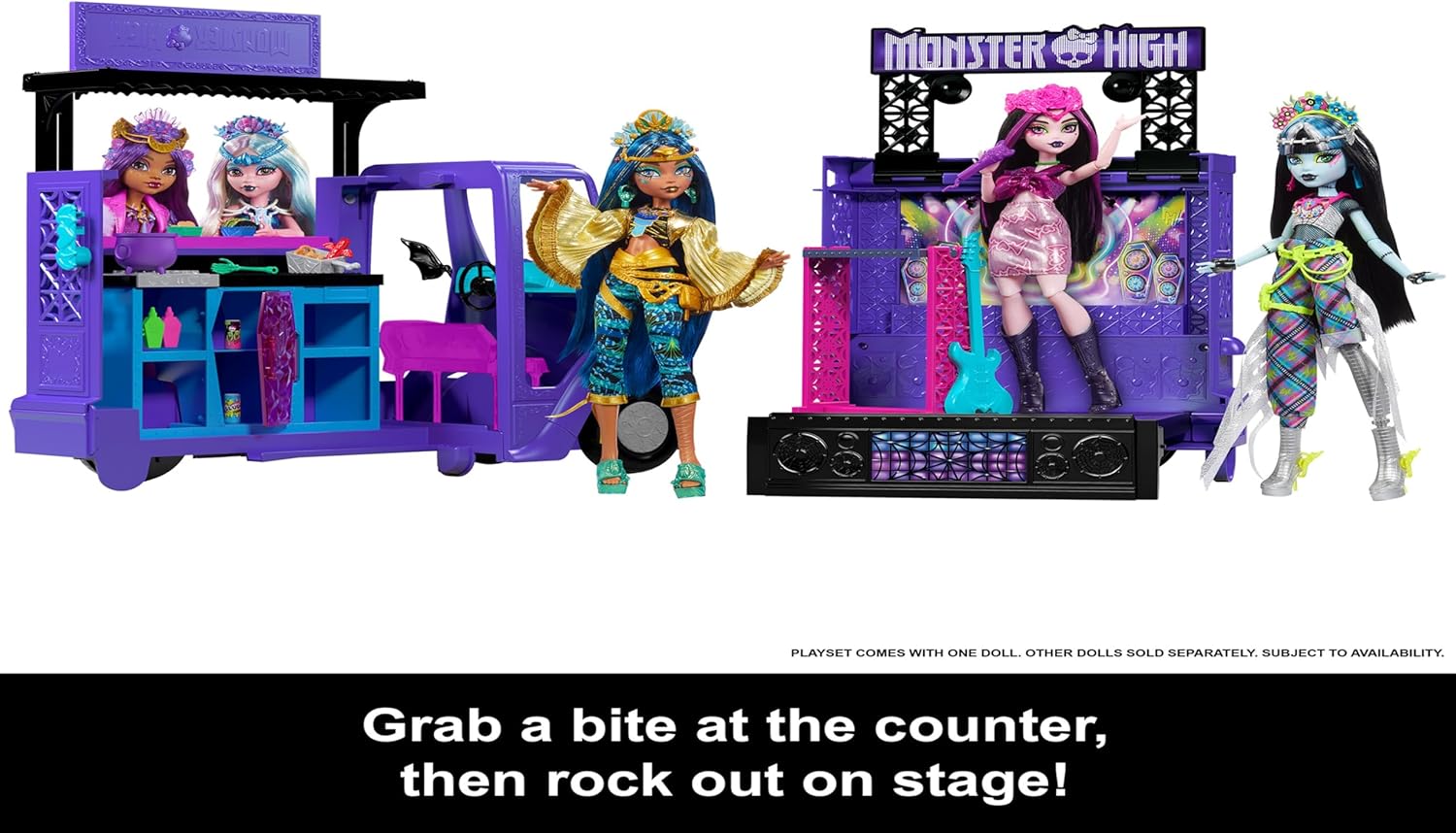 Monster High Boneca e playset Draculaura, Fangtastic Rockin' Food Truc