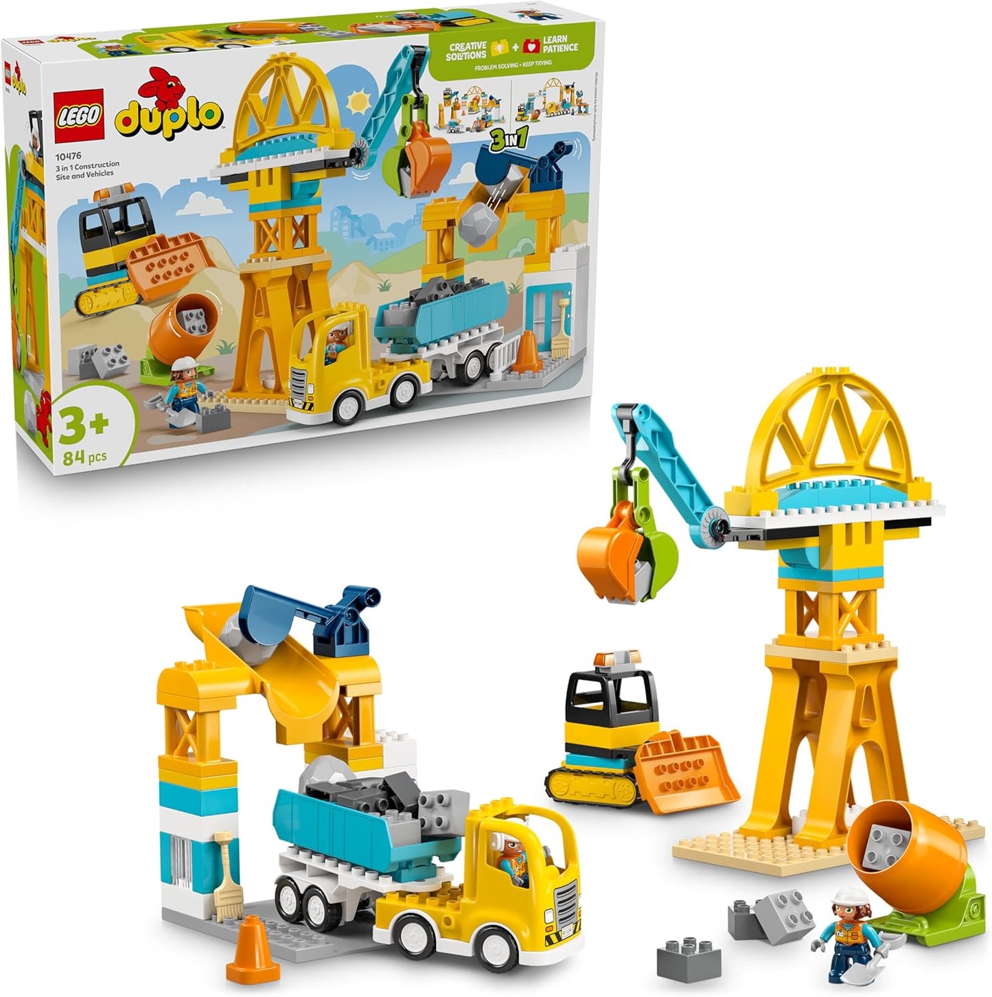 LEGO DUPLO 3 em 1 Canteiro de Obras e Veículos - Brinquedo Educativo para Desenvolvimento da Coordenação Motora Fina de Crianças Pequenas - Inclui Caminhões, Guindastes e Escavadeiras - Presente de Aniversário para Meninos e Meninas