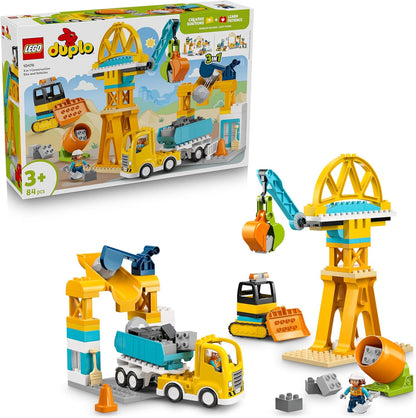 LEGO DUPLO 3 em 1 Canteiro de Obras e Veículos - Brinquedo Educativo para Desenvolvimento da Coordenação Motora Fina de Crianças Pequenas - Inclui Caminhões, Guindastes e Escavadeiras - Presente de Aniversário para Meninos e Meninas