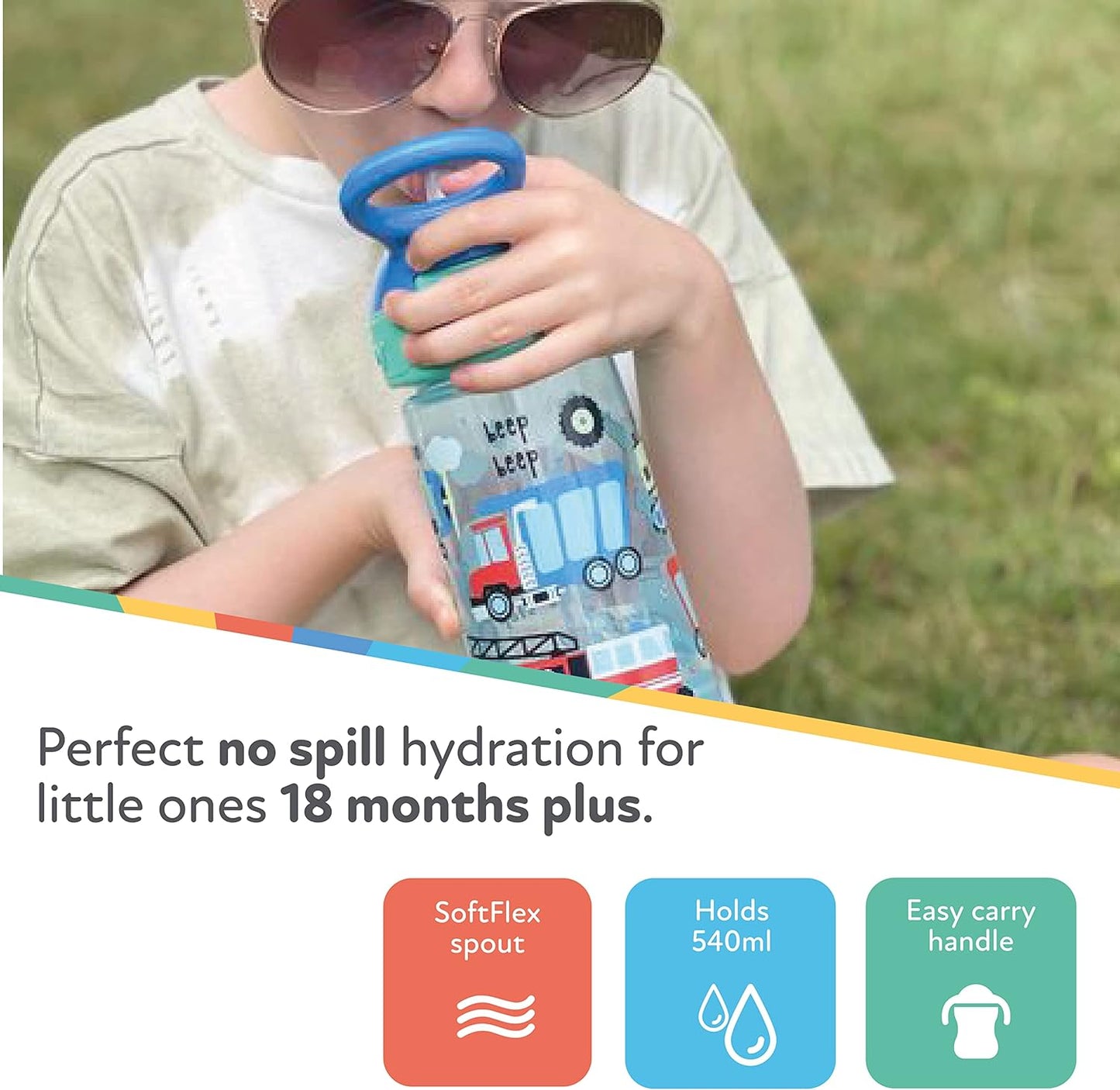 Nuby Garrafa de água Super Quench - Copo com canudinho antiderramamento para crianças pequenas | 540 ml/19 oz | Alça de transporte | Fluxo livre | Pode ser lavado na máquina de lavar louça e esterilizado | Copo adequado para crianças de 18 meses ou mais