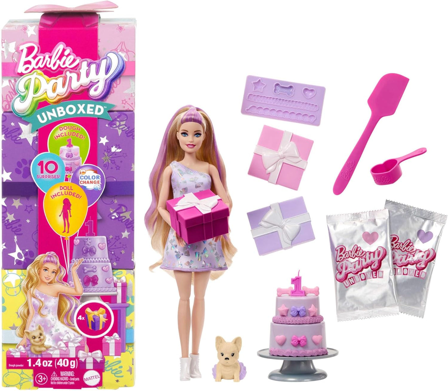 Barbie Party Unboxed Boneca e Acessórios, Azul - Estrelas, Série de Aniversário de Animais de Estimação Estrelas, Corações, Laços, Conjunto com 10 Surpresas, Incluindo Mudança de Cor e Atividade de Decoração de Bolo