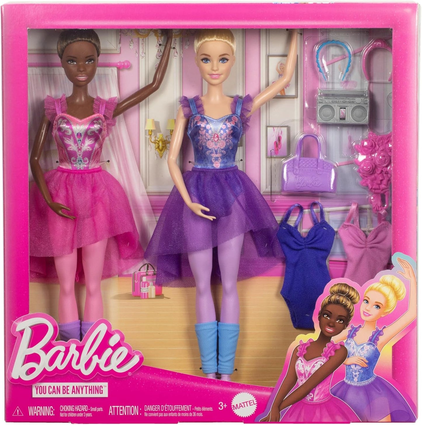 Barbie Conjunto Sala de Balé com 2 Bonecas e 9 Acessórios, Bonecas Bailarinas Loira e Morena com Roupa Extra e Peças Temáticas de Dança, HXC37
