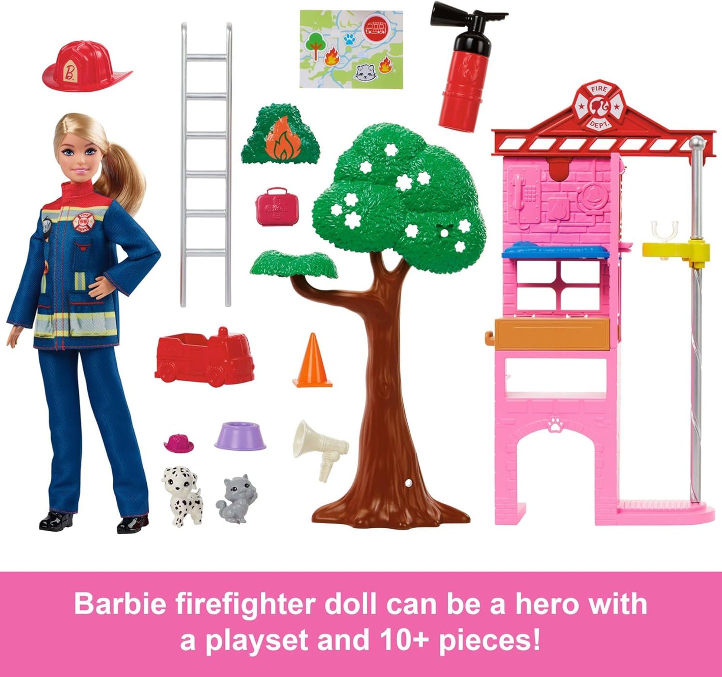 Muñeca y juego Barbie Bombero con estación de bomberos y árbol, 2 mascotas, cambio de color y más de 10 accesorios, incluido extintor de incendios, juguete que lanza chorros, HRG55