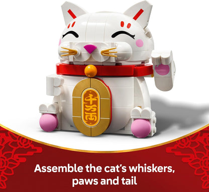 LEGO Gato da Sorte - Conjunto de Construção para Crianças e Adultos - Kit de Modelo para Exibição, incluindo uma Figura de Animal com Pata Acenando, além de Moeda de Ouro e Decorações de Desejo - Ideia de Presente para o Festival da Primavera - 40813