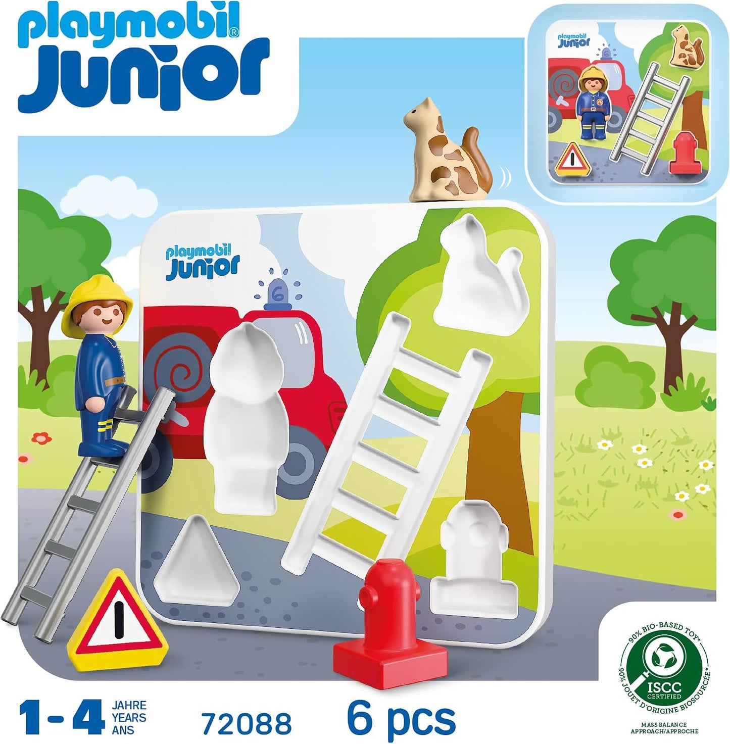 Playmobil | JUNIOR | JUNIOR: Quebra-cabeça de Bombeiro | Quebra-cabeça de madeira com bombeiro, gato e acessórios | Para crianças a partir de 1 ano | 72088