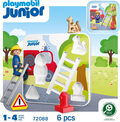 Playmobil | JUNIOR | JUNIOR: Quebra-cabeça de Bombeiro | Quebra-cabeça de madeira com bombeiro, gato e acessórios | Para crianças a partir de 1 ano | 72088