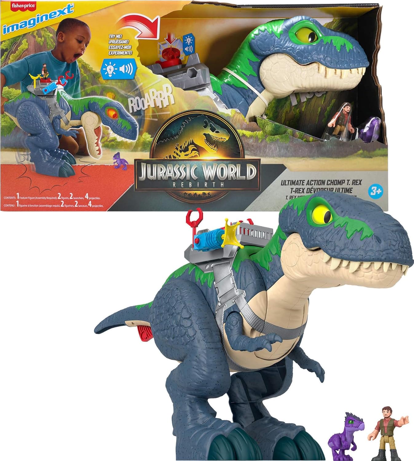 Fisher-Price Imaginext Jurassic World Rebirth Conjunto de Dinossauros, Brinquedo de Dinossauro T. rex Ultimate Action Chomp de 45 cm com Luzes, Sons, Movimento e 2 Figuras de Ação de 7,5 cm, JGR40