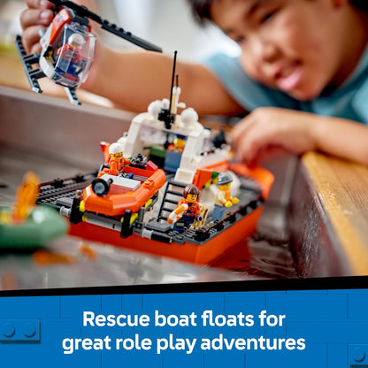 LEGO City Coast Guard Rescue Boat & Helicopter Toy - Emergency Vehicles Playset w/Model Floating Ship, 5 Minifigures & a Dog Figure - Birthday Gift for 7+ Year Old Boys - 60504
