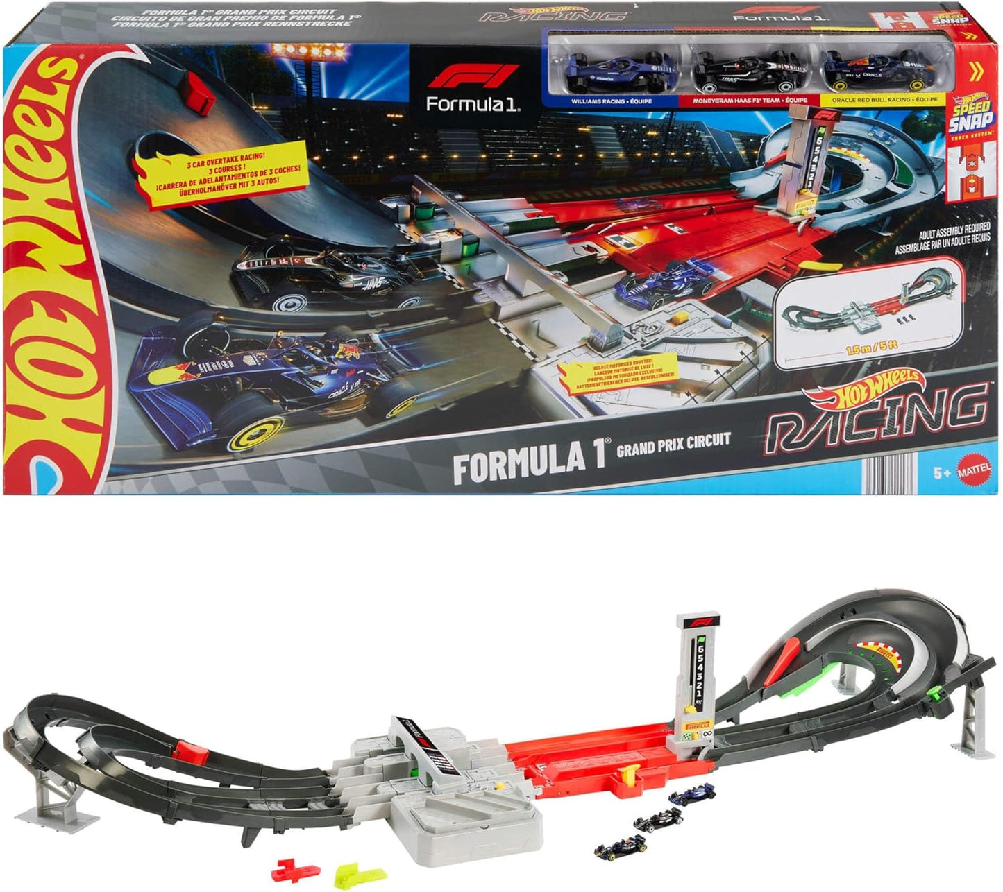 Conjunto de Pista de Carrinhos Hot Wheels, Circuito de Fórmula 1 com 3 Carrinhos de Brinquedo Die-Cast na Escala 1:64, Dois Modos de Corrida com Impulsor Motorizado, JLB13