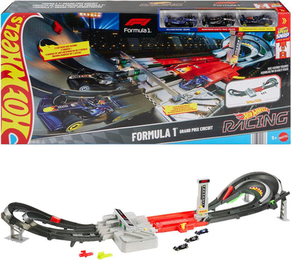 Conjunto de Pista de Carrinhos Hot Wheels, Circuito de Fórmula 1 com 3 Carrinhos de Brinquedo Die-Cast na Escala 1:64, Dois Modos de Corrida com Impulsor Motorizado, JLB13