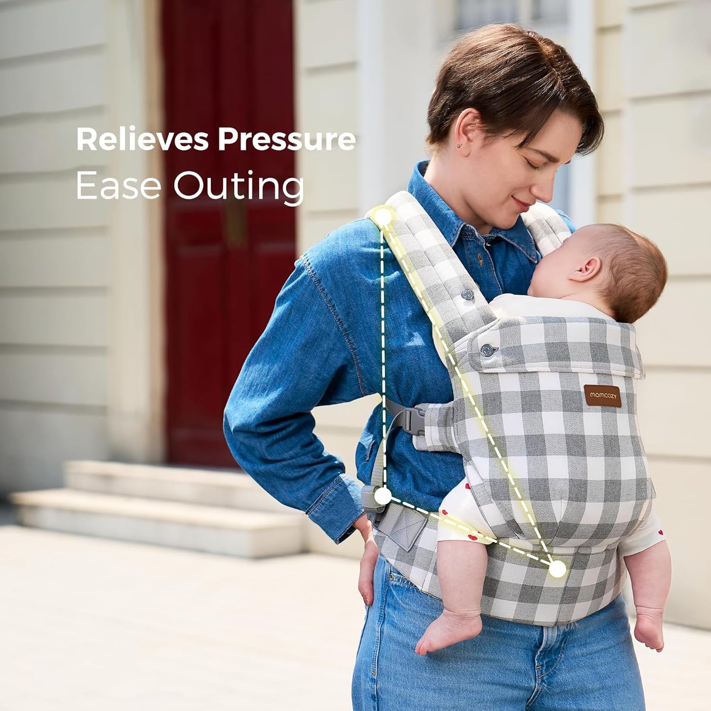 Momcozy Canguru em linho de algodão natural, resistente, design ergonômico, leve e confortável, mãos livres para mamães e papais, estampa xadrez cinza.