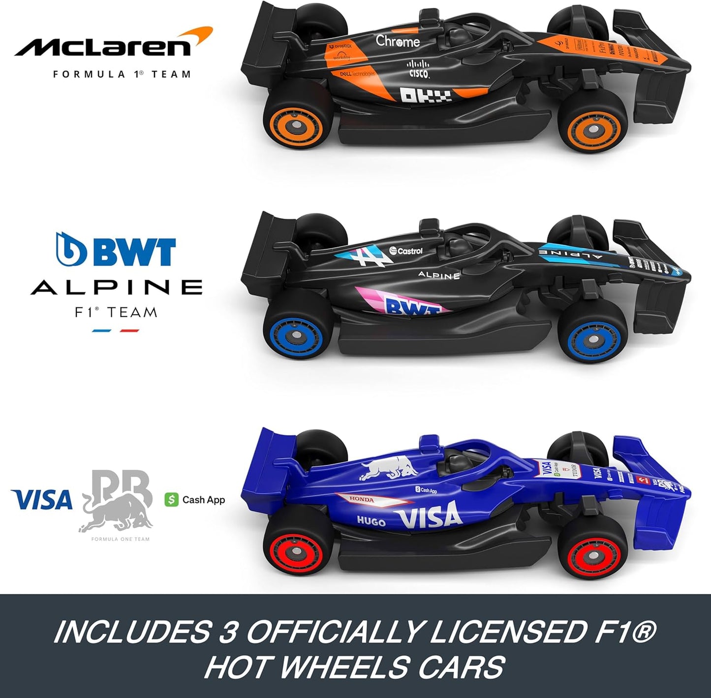 Conjunto de Pista de Carrinhos Hot Wheels, 3 Veículos de Fórmula 1 em Miniatura na Escala 1:64: McLaren F1 Team, Alpine & VCARB, Circuito de Corrida Sprint (Equipes Podem Variar), JDY15