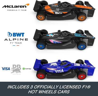 Conjunto de Pista de Carrinhos Hot Wheels, 3 Veículos de Fórmula 1 em Miniatura na Escala 1:64: McLaren F1 Team, Alpine & VCARB, Circuito de Corrida Sprint (Equipes Podem Variar), JDY15