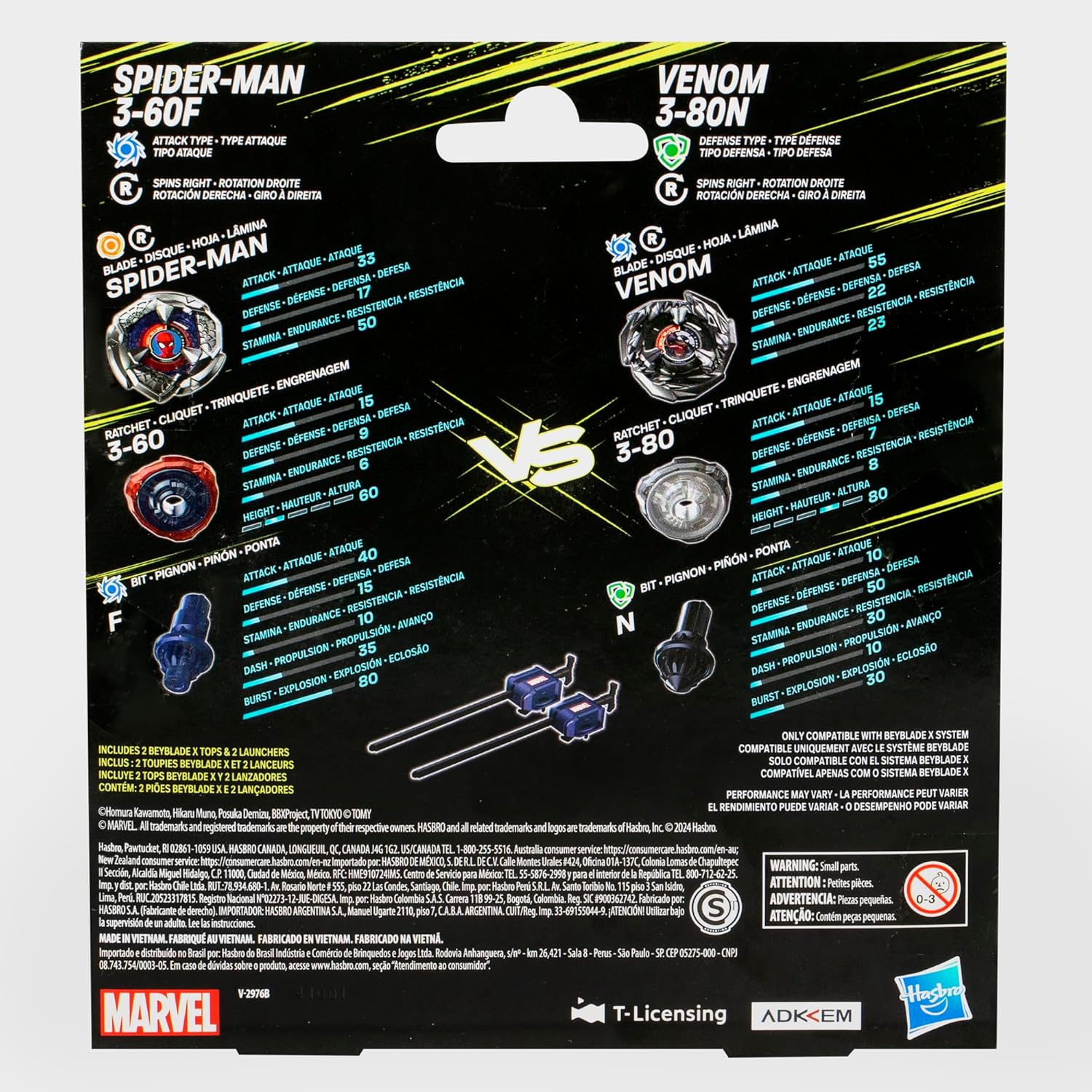 Beyblade X Marvel Collab Spider-Man 3-60F vs. Venom 3-80N Conjunto Mul