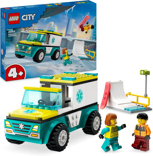 LEGO Ambulância de emergência urbana e brinquedos para veículos de snowboard para crianças de 4 anos ou mais, meninos e meninas com minifiguras de pensionistas e paramédicos, brinquedo de construção para brincadeiras imaginativas, ideia de presente 60403