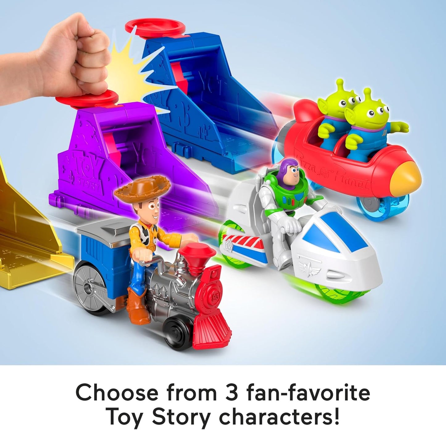 Fisher-Price Conjunto Mattel Imaginext Launcher com figura de ação de 7,6 cm e veículo de brinquedo, inspirado em Toy Story da Disney e Pixar (os personagens podem variar), JKW24