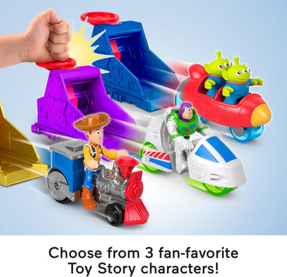 Fisher-Price Conjunto Mattel Imaginext Launcher com figura de ação de 7,6 cm e veículo de brinquedo, inspirado em Toy Story da Disney e Pixar (os personagens podem variar), JKW24