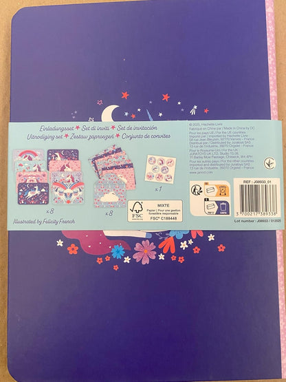 Janod - Conjunto de convites 8 cartões de unicórnio - 8 envelopes - Bolsa de armazenamento e 1 folha de adesivos - Convite de aniversário - Adesivos de unicórnio - Ideal para 8 convidados - 6 anos ou mais - J08933