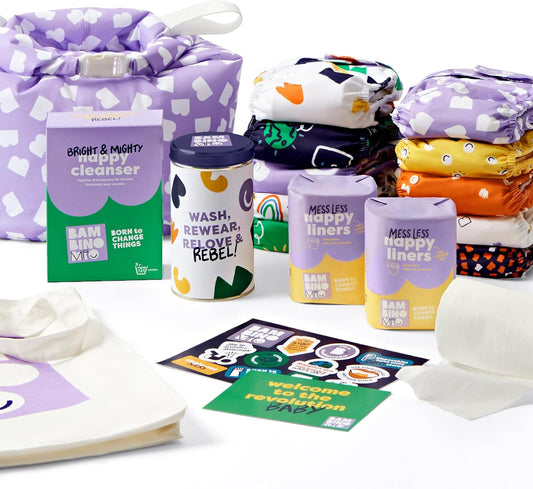 Bambino Mio, conjunto de fraldas reutilizáveis - The Little Rebel Bundle, 10 x fraldas, forros, bolsa úmida e limpador (Brave)