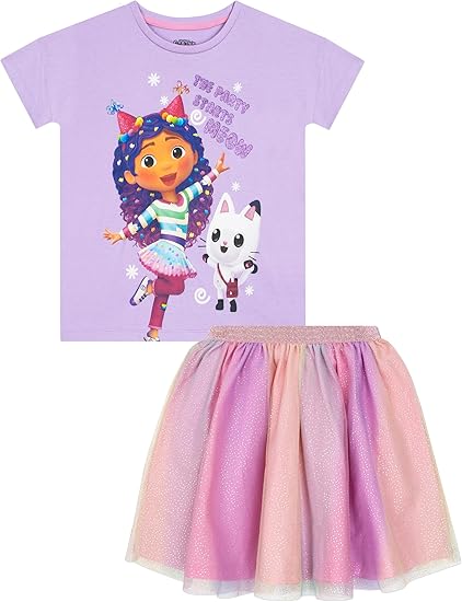 DREAMWORKS GABBY'S DOLLHOUSE Conjunto de camiseta e saia de tule para meninas | Roupa de festa para meninas | Conjunto de verão | Idades de 3 a 10 anos