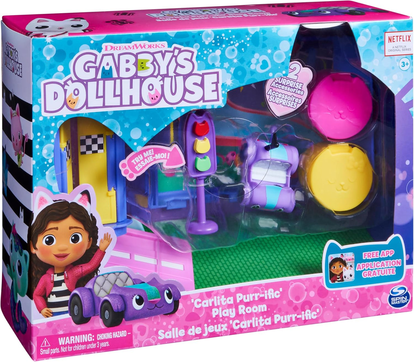 Gabby’s Dollhouse, Sala de Brincar Carlita Purr-ific com Carrinho de Brinquedo Carlita, Acessórios, Móveis e Entregas para Casa de Bonecas, Brinquedos Infantis para Crianças a partir de 3 Anos