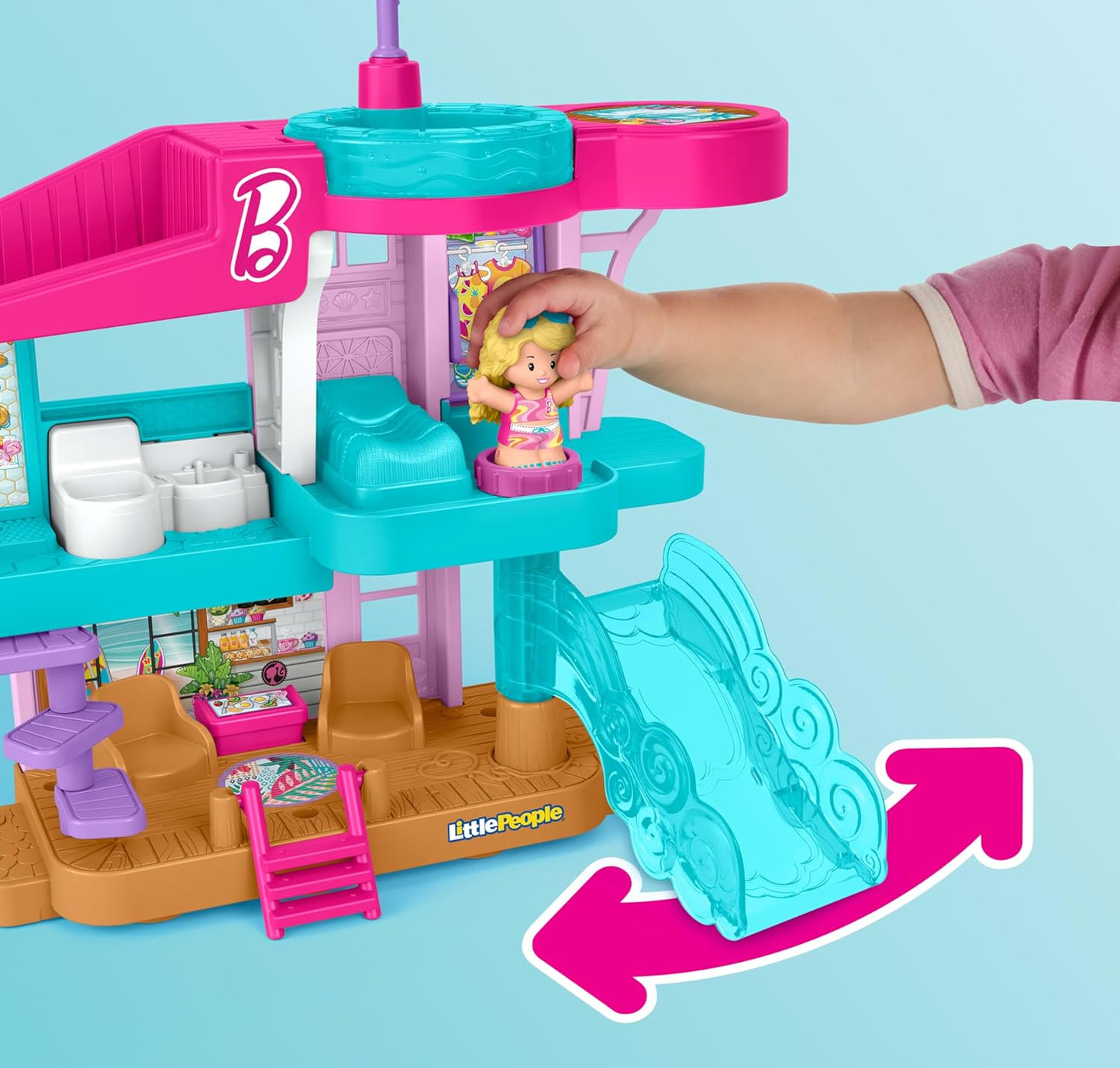 Fisher-Price Brinquedo Little People Casa de Praia da Barbie com Figuras e Acessórios para Crianças em Idade Pré-escolar a partir de 18 Meses, JCW71