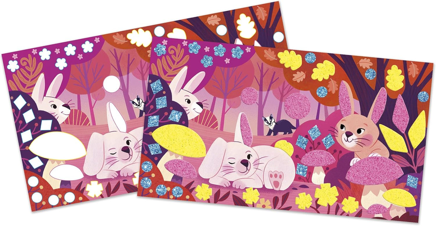 Janod - Adesivos de espuma e areia fluorescente - 3 quadros - Tema animais da floresta - Les Ateliers Du Calme - Kit de lazer criativo infantil - Concentração