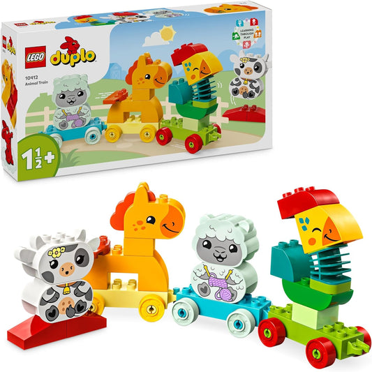 LEGO DUPLO Meu primeiro brinquedo de trem de animais para crianças, conjunto de aprendizagem de tijolos criativos com animais de fazenda de galo, cavalo, cordeiro e vaca, presente de aniversário para meninos e meninas amantes da naturez