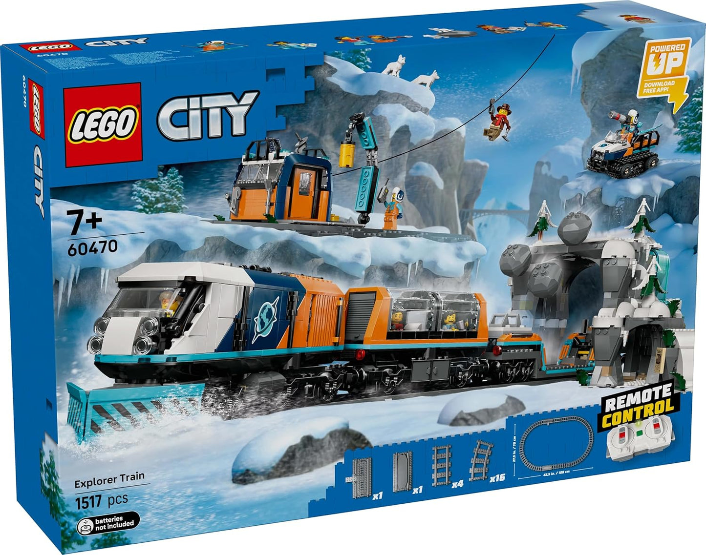 LEGO Conjunto de Trem Expresso Polar Ártico City Explorers - Inclui um Trem de Controle Remoto, Limpa-Neve, 22 Peças de Trilho e 6 Minifiguras, Além de uma Função de Queda de Rochas - Presente para Meninos a partir de 7 Anos - 60470