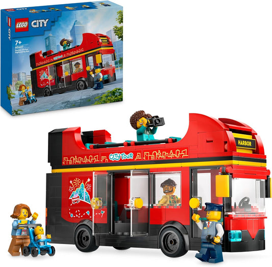 LEGO Brinquedo de ônibus turístico de dois andares City Red, veículo vermelho para meninos e meninas de 7 anos ou mais, conjunto criativo com 5 minifiguras, incluindo um bebê e um carrinho, ideia de presente de aniversário 60407