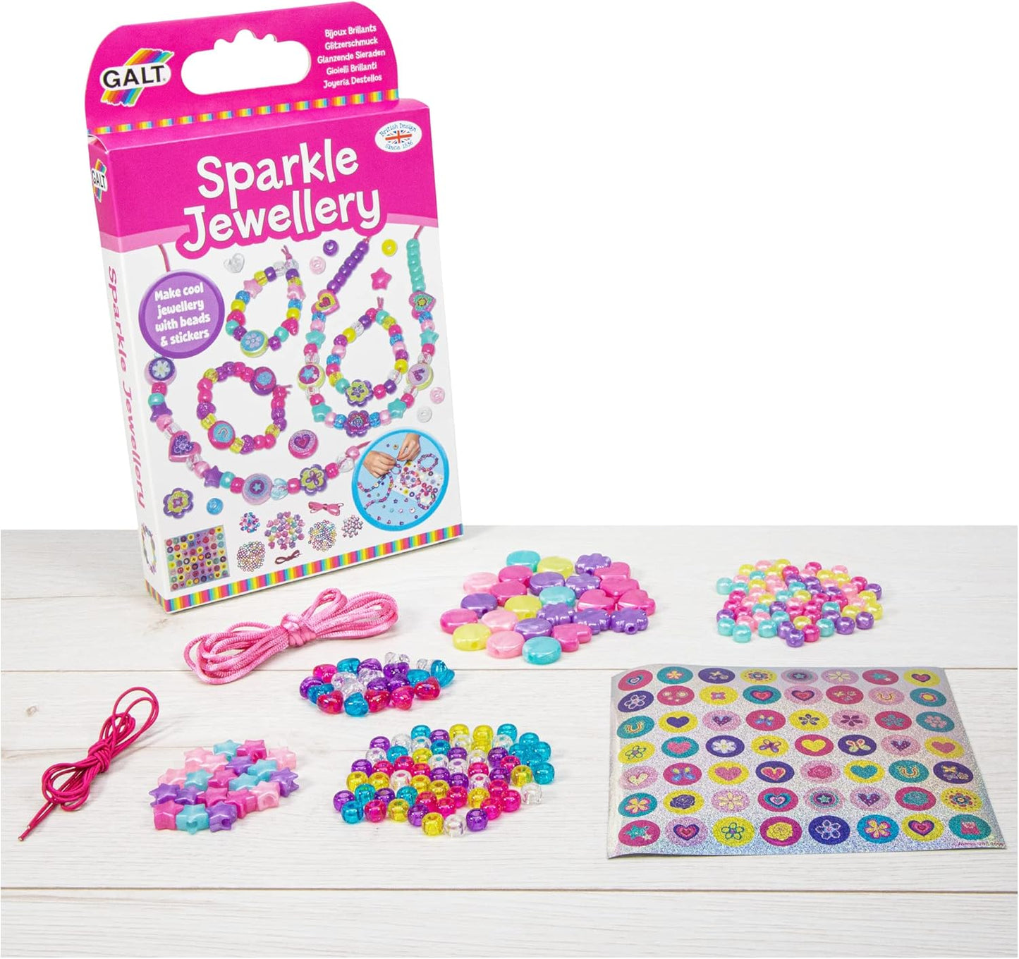 Galt Sparkle Jewellery - Kit de artesanato para fazer colares e pulseiras infantis - Pacote de atividades divertidas com miçangas coloridas e adesivos, estimula a criatividade e as habilidades motoras - A partir de 5 anos