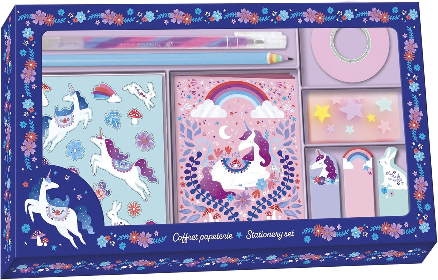 Janod - Conjunto de Papelaria - Adesivos, 1 Caderno de 24 Páginas, 3 Blocos de Notas Adesivos, 1 Lápis, Fita Adesiva, 1 Caneta, 1 Borracha - Lazer Criativo - 6 Anos ou mais - J08940