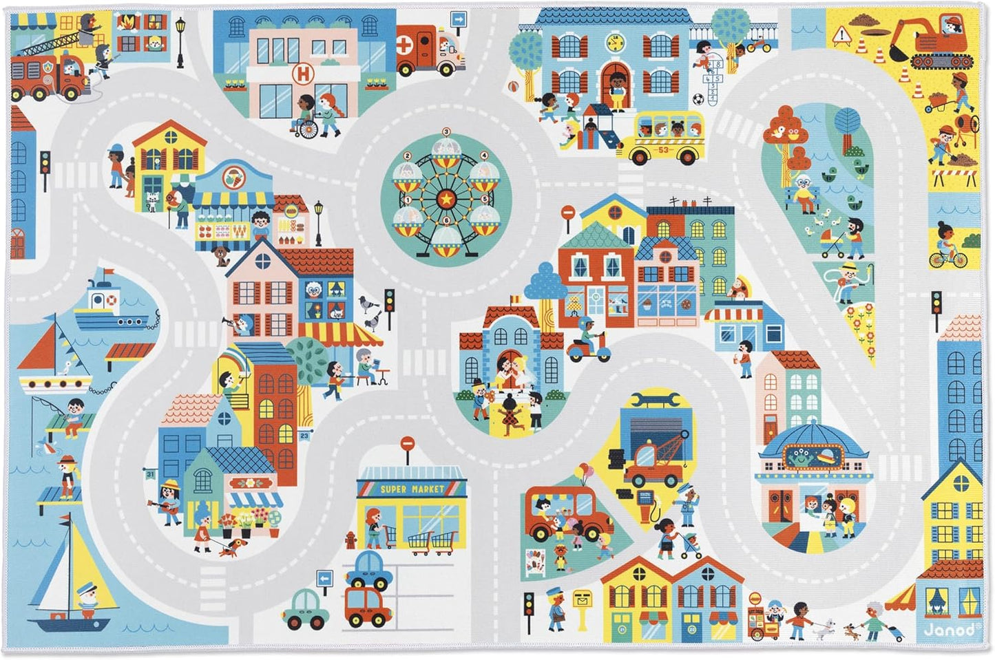Janod - Tapis Voiture Enfant - Thème Ville - Doux & Anti-dérapant - Motif Urbain - Tapis de Jeux Chambre Fille & Garçon - 120 x 78cm - Lavável