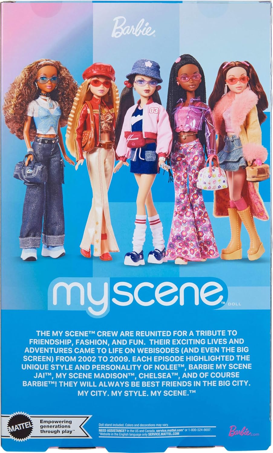 Barbie Boneca Signature My Scene Nolee e acessórios, roupa inspirada nos anos 2000 com conjunto esportivo combinando, jaqueta curta, polainas e suporte para boneca, JBH79