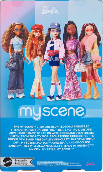 Barbie Boneca Signature My Scene Nolee e acessórios, roupa inspirada nos anos 2000 com conjunto esportivo combinando, jaqueta curta, polainas e suporte para boneca, JBH79