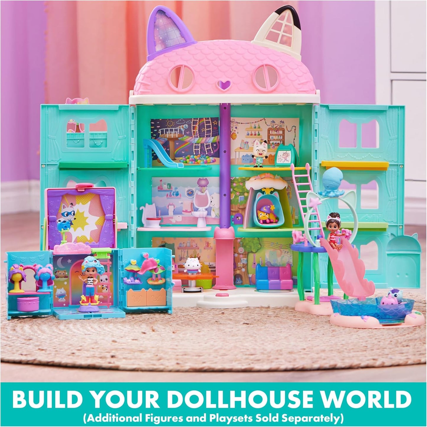 Gabby’s Dollhouse, Piscina de Brincar Purr-ific com Figuras da Gabby e da Sereia Gata, Caudas de Sereia que Mudam de Cor e Acessórios para Piscina - Brinquedo Infantil para Crianças a partir de 3 Anos - Azul