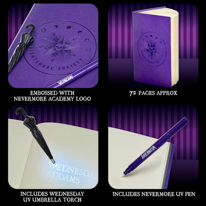 UAU! COISAS Diário Secreto de Wednesday Addams | Desvende Segredos Invisíveis usando a Luz UV incluída | Conjunto Premium de Caderno e Caneta Nevermore | Para Fãs de Séries da Netflix | Licenciado Oficialmente pela MGM