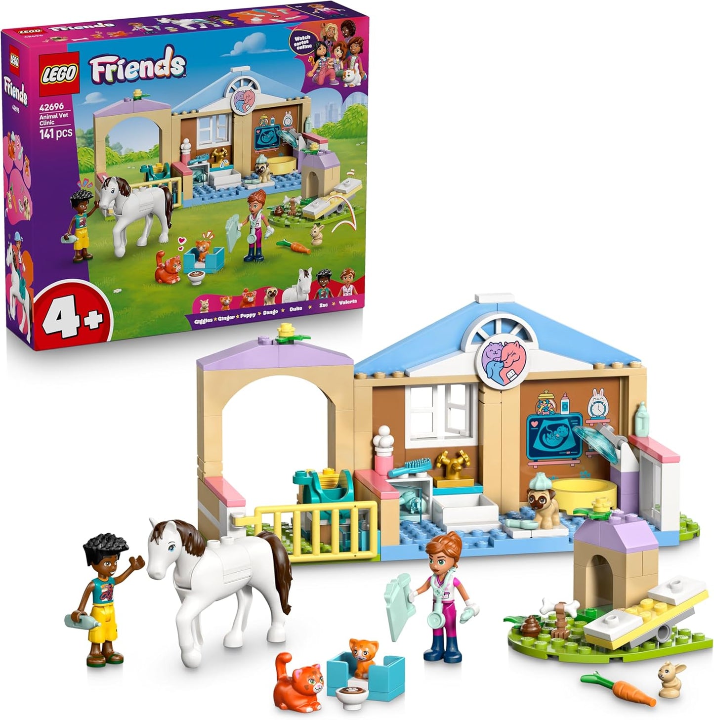 LEGO Clínica Veterinária Friends - Brinquedo Educativo com Estábulo para Cavalos, 2 Mini Bonecas, Figuras de Cachorro, Coelho e Gato, além de Acessórios - Presente de Aniversário para Meninas a partir de 4 Anos - 42696