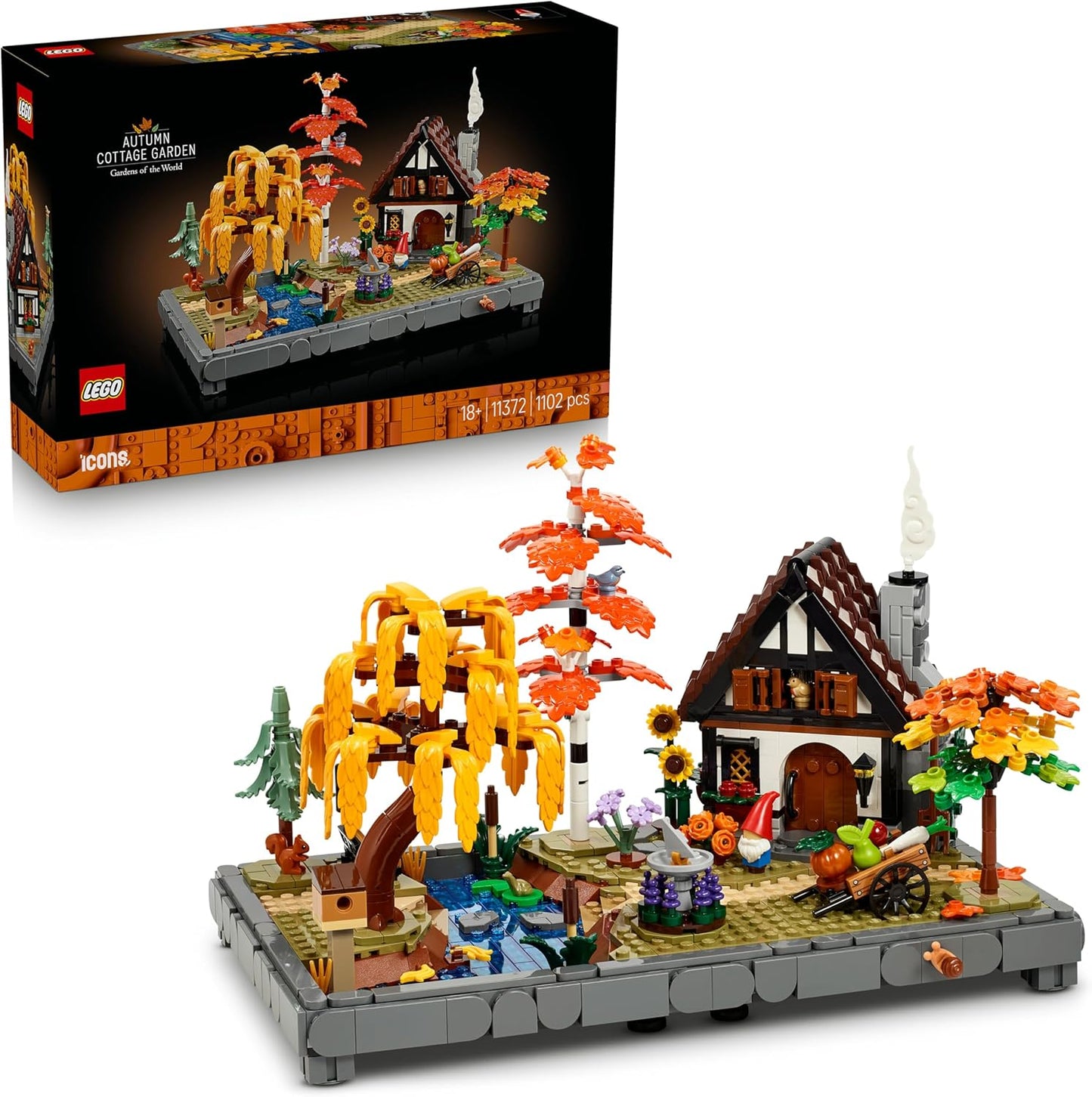 LEGO Icons Jardim de Outono - Conjunto de Construção em Miniatura para Adultos - Kit de Modelo para Exibição com Casa, 4 Árvores, Figuras de Animais e Flores - Decoração de Quarto DIY - Ideia de Presente - 11372