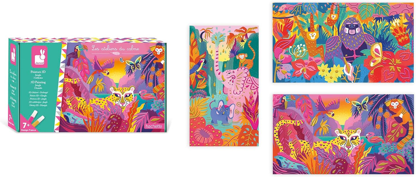 Janod Pintura 3D – Tema Selva – Les Ateliers du Calme – Kit de Lazer Criativo Infantil – Tinta Dourada e Rosa Neon para Crianças – Estimula a Motricidade Fina e a Concentração – A partir de 7 anos