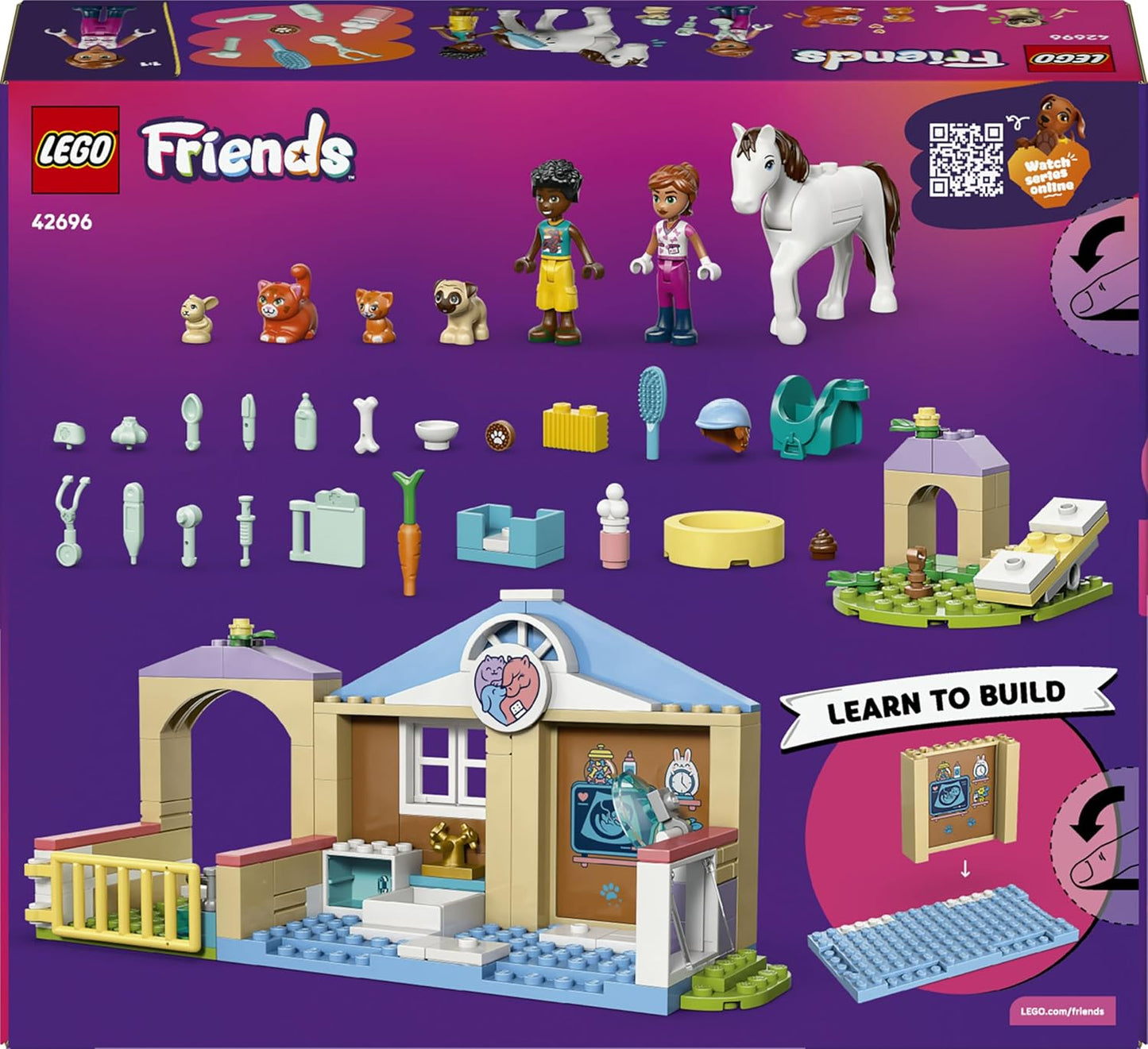 LEGO Clínica Veterinária Friends - Brinquedo Educativo com Estábulo para Cavalos, 2 Mini Bonecas, Figuras de Cachorro, Coelho e Gato, além de Acessórios - Presente de Aniversário para Meninas a partir de 4 Anos - 42696
