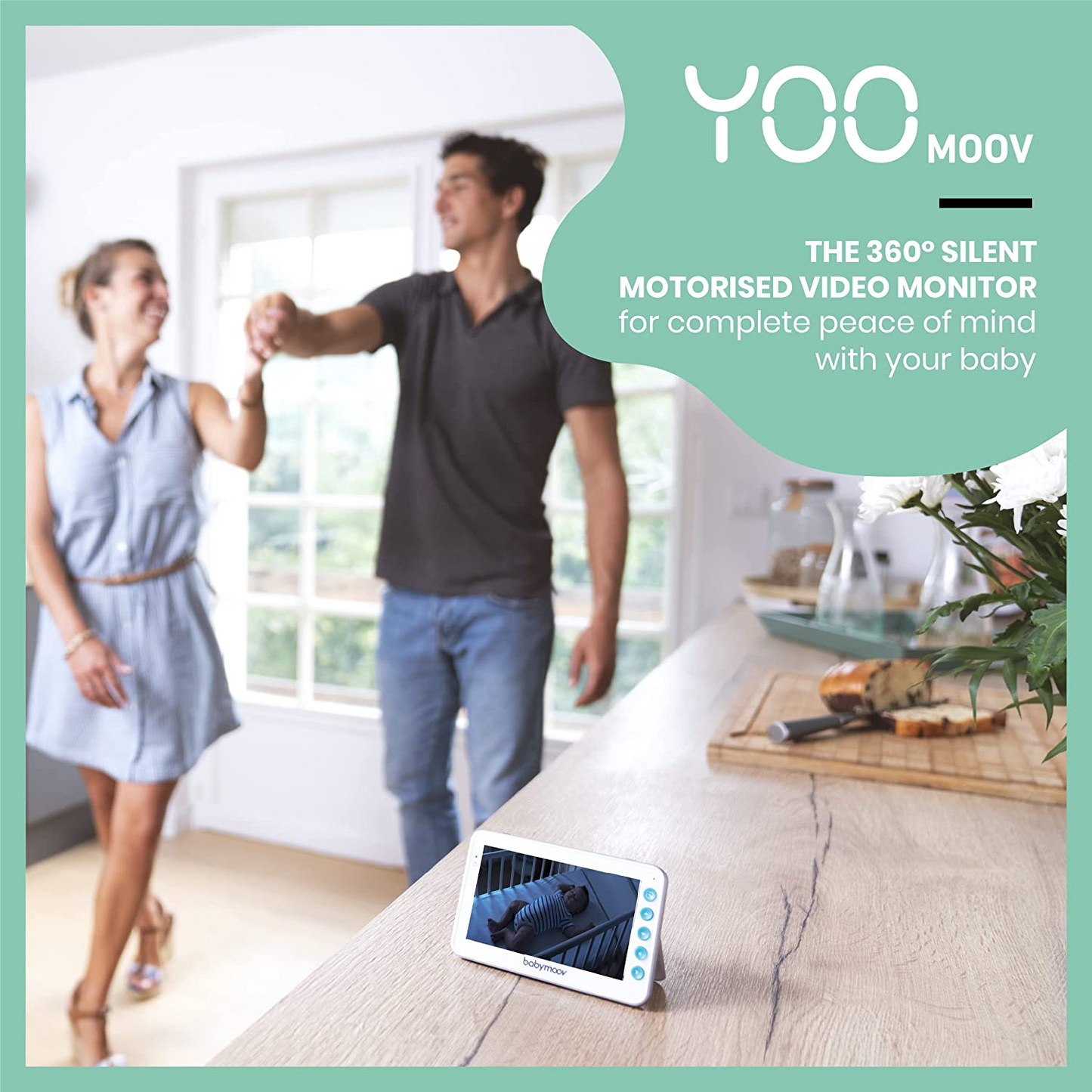 Babymoov Monitor de bebê de vídeo motorizado YOO Moov com câmera e visão noturna, retorno de 2 vias, zoom, panorâmica e inclinação remotas, luz noturna, indicador de temperatura