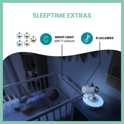 Babymoov Monitor de bebê de vídeo motorizado YOO Moov com câmera e visão noturna, retorno de 2 vias, zoom, panorâmica e inclinação remotas, luz noturna, indicador de temperatura