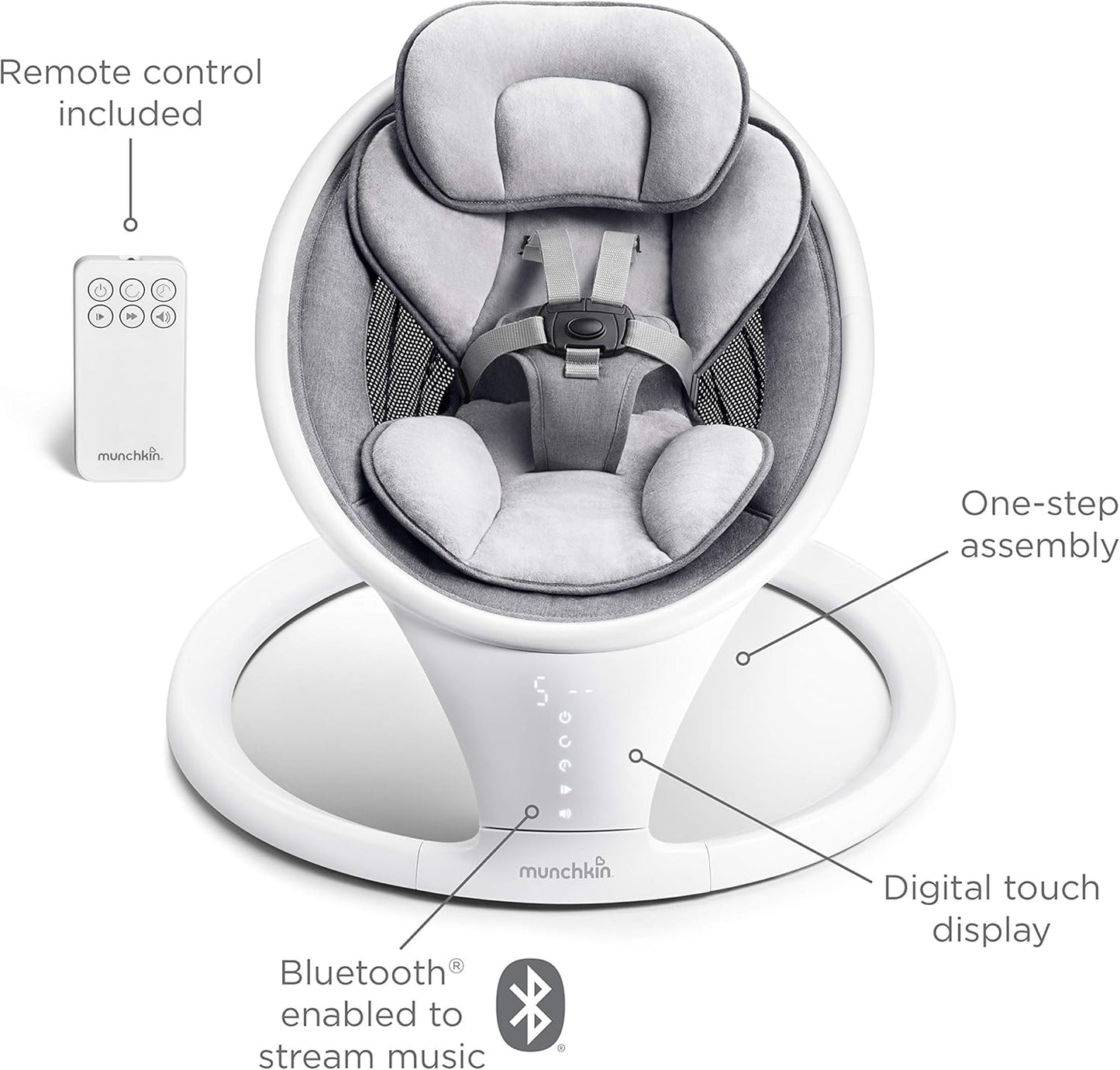 Munchkin Balanço elétrico para bebês | Cadeira de balanço e balanço para bebês com Bluetooth, balanço para bebês com balanço natural em 5 velocidades e controle remoto, Balanço para bebês Munchkin com estrutura de porta de brincar e pula-pula