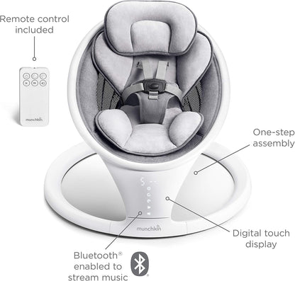 Munchkin Balanço elétrico para bebês | Cadeira de balanço e balanço para bebês com Bluetooth, balanço para bebês com balanço natural em 5 velocidades e controle remoto, Balanço para bebês Munchkin com estrutura de porta de brincar e pula-pula