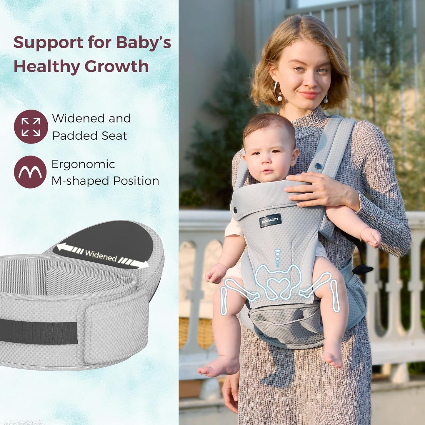 Momcozy Canguru com assento de quadril, 2 em 1 para carregar o bebê de frente para a rua, canguru destacável para uso com as mãos livres até 20 kg, canguru respirável para bebês com cintura de até 120 cm, cinza AirMesh